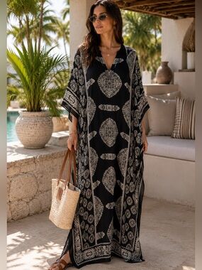 Gypsy Blue Black White Boho Caftan Tunic Dress Festival Resort Coverup One Size